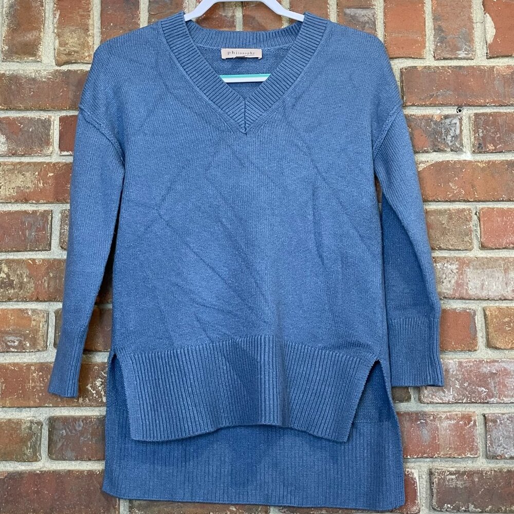Philosophy Sweater V-Neck High Low‎ Hem Ribbed Cuffs Lightweight Blue Women's XS - Picture 5 of 12
